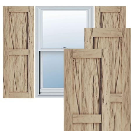 Rustic Two Equal Panel Flat Panel Riverwood Faux Wood Shutters (Per Pair), Primed Tan, 12W X 74H